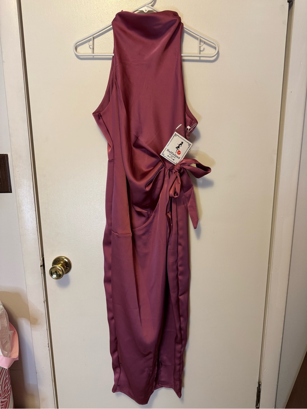 Halfisland Sleeveless Satin Midi Dress with Side Tie in Mauve